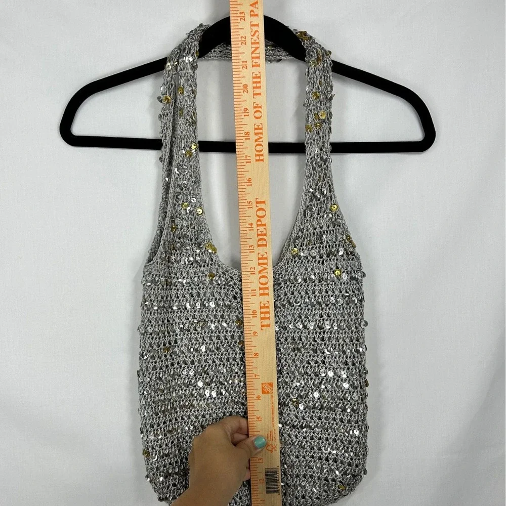 Vintage Y2K Silver Sequin Knit Open Mesh Shoulder Bag Metallic Crochet Hobo Tote